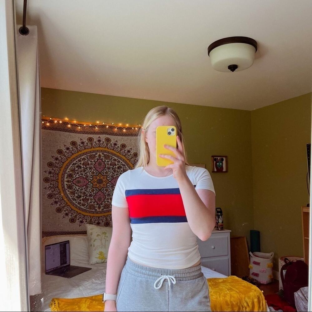 Heart & Hips Colorblock Stripe Tee Red Navy Crew Neck Size Small